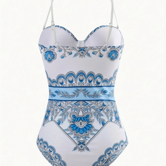 NWOT One Piece Blue White Italian Design Swimsuit - Picture 3 of 8
